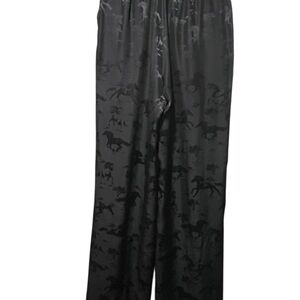 Ganni Black Satin Wide-Leg Pants with Jacquard Horse Motif